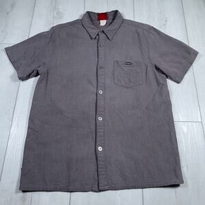 Oakley Mens Large Button Up Short Sleeve Shirt Pocket Metal Logo Purple Gray